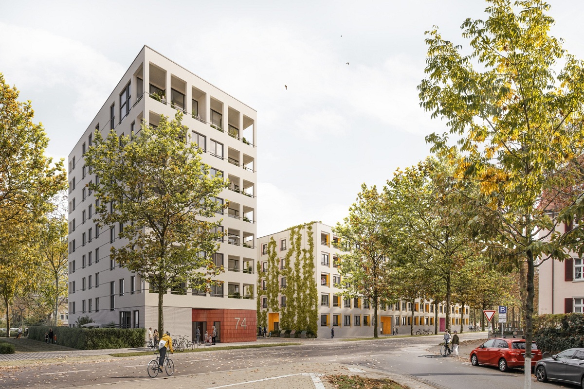 Die grafische Visualisierung des neuen Behördenareals: Im Vordergrund ein großes Gebäude mit Wohnungen, im Hiontergrund ein kleineres. Es stehen viele Bäume darum und ein Parkplatz befindet sich vorne rechts.
