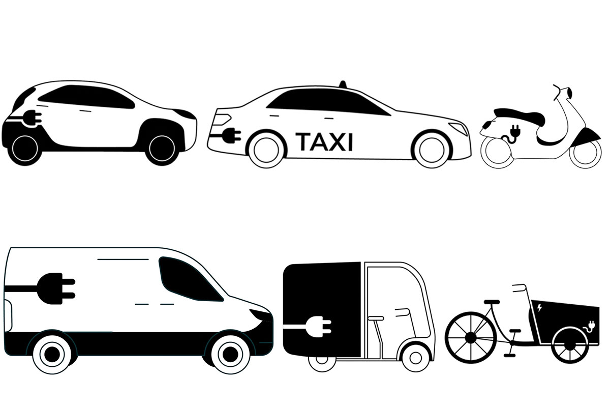 Collage mit Icons zu 6 elektrobetriebenen Fahrzeugen (Auto, Taxi, Roller, Lieferwagen, Lastenrad)
