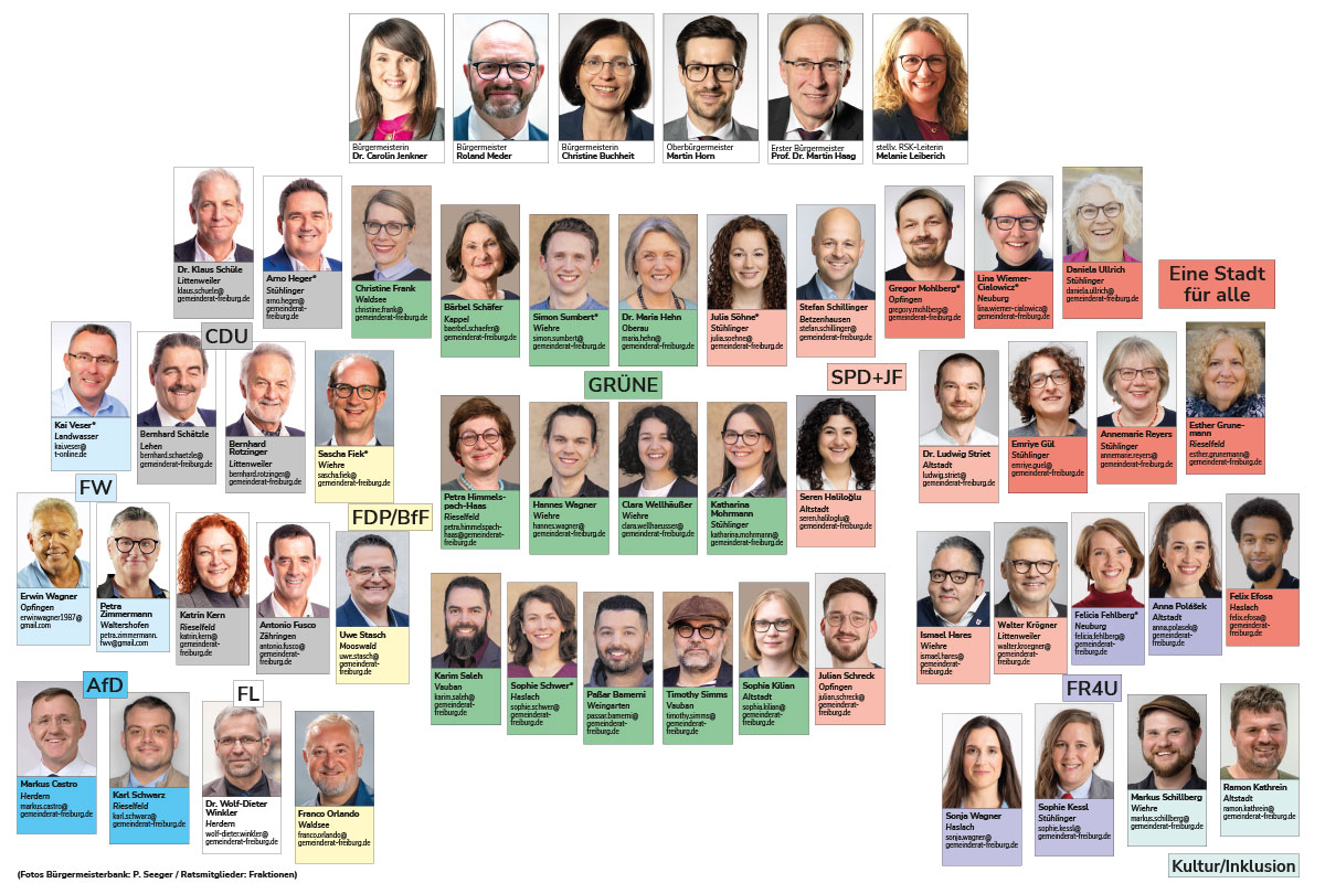 Die Sitzordnung des Gemeinderats; abgebildet sind alle Stadrät_innen sowie die die Bürgermeister_innnenbank