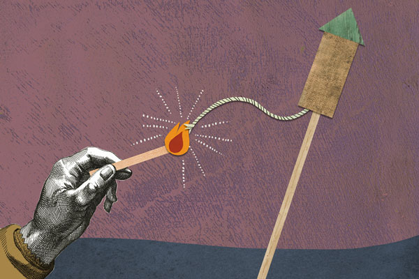 Kunst: gezeichnete Hand hält Streichholz, das eine Rakete anzündet