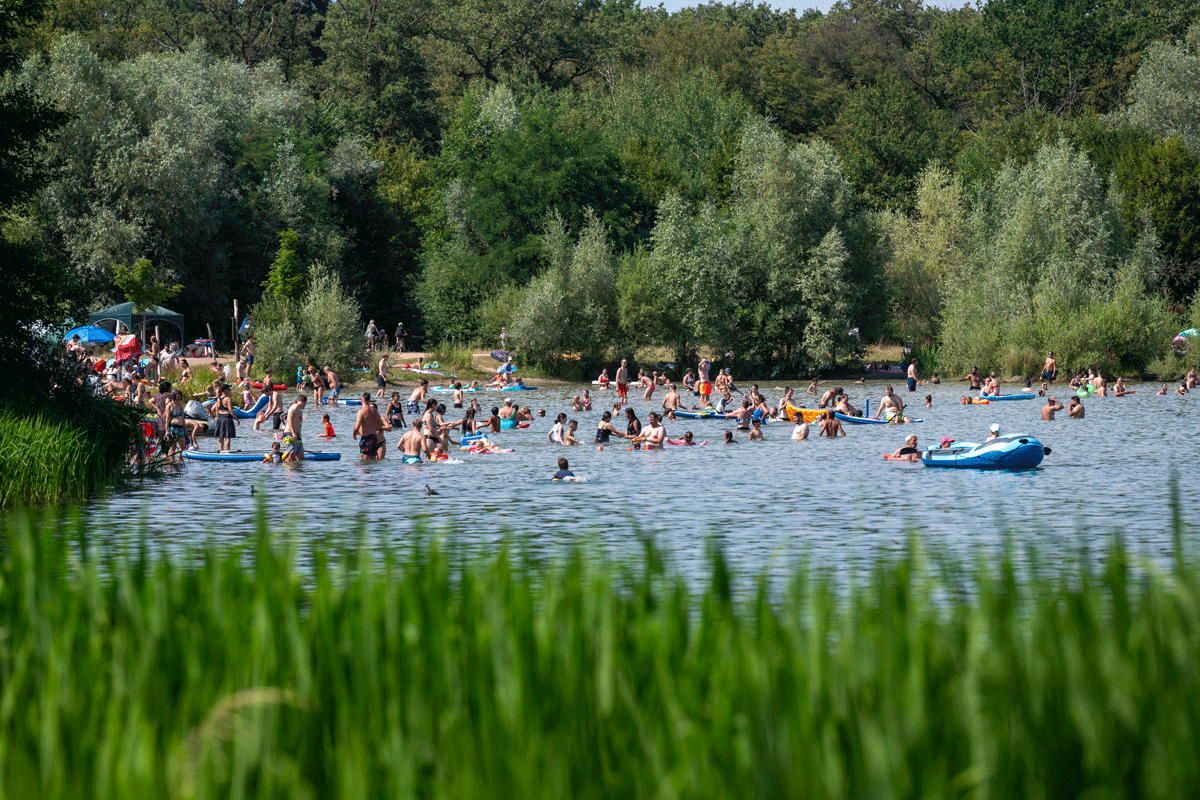 Viele Menschen baden in einem See