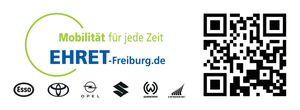 Logo Ehrete-freiburg.de, QR-Code, Automarken und dem Slogan "Mobilität für jede Zeit"