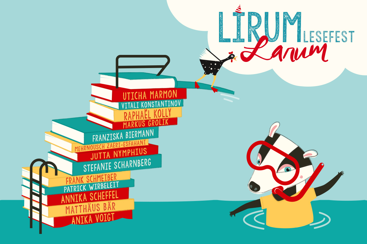 Plakat mit Zeichnung, Bücherstapel und Lesedachs